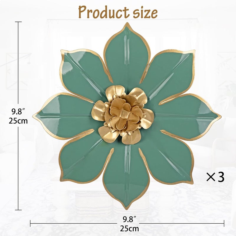 Villa Como Metal Flowers Wall Decor Set of 3, Green & Gold 3D Floral Metal Wall Art Decor for Inoor & Outdoor Use, Vintage & Modern Walls Arts for Bathroom, Living Room, Bedroom, Garden, Patio, Porch, Office,10" - Image 3
